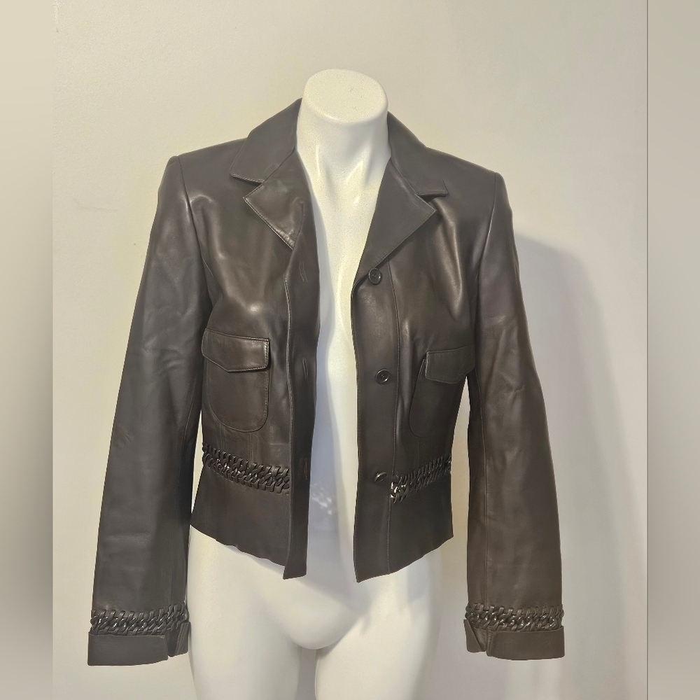 Carlisle brown leather jacket with distinctive whipstitch and chain details - Picture 6 of 8